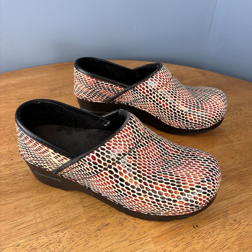 Sanita Women’s Red, Black, and White Snakeskin Print Leather Clogs Size 5